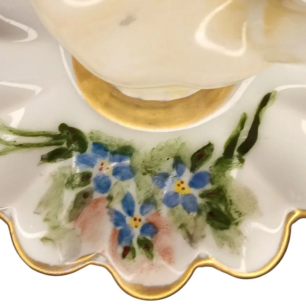 Vintage 1967 Miniature Porcelain Hand Painted Ring Holder Dish Blue Flowers 3.5